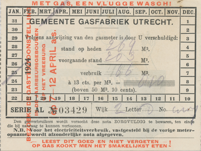 716228 Maandnota van de Gemeente Gasfabriek Utrecht, met op de achterzijde reclame voor het gebruik van gas.